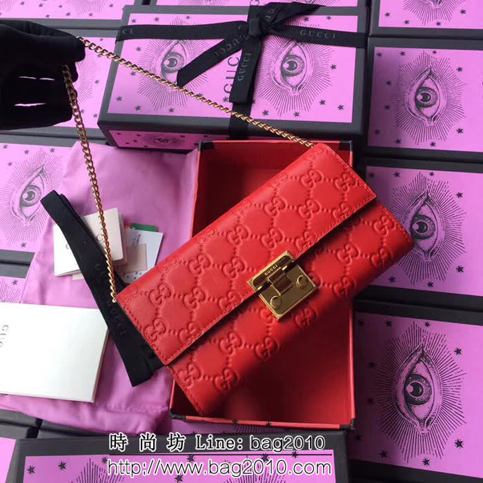 GUCCI古馳 歐洲正品原單 padlock系列 最新二折款 爆款鏈條皮夾 453506 紅色壓全皮 WTG1184